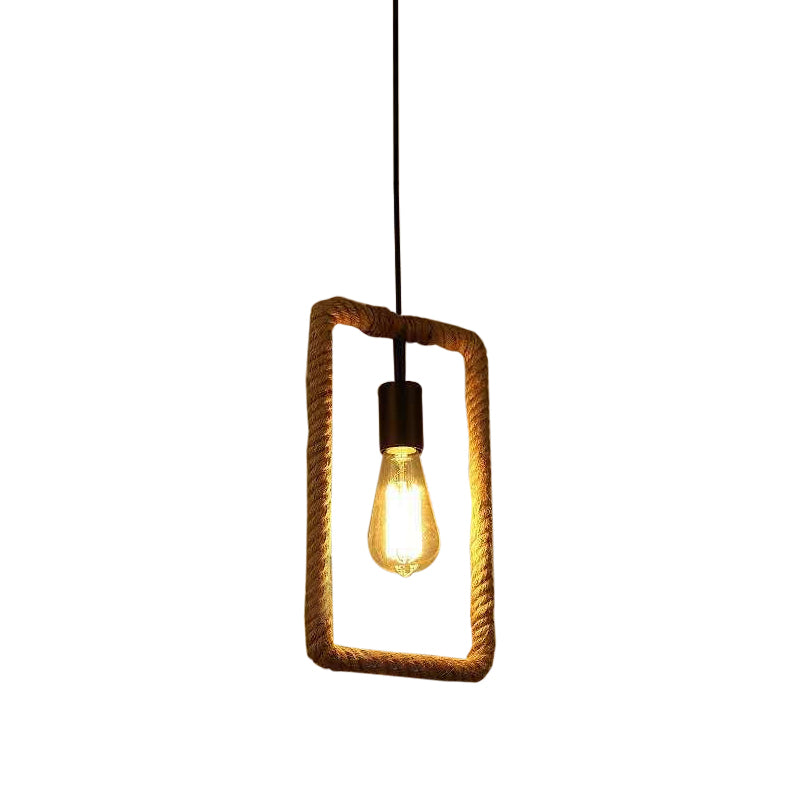 1-Light Hanging Lamp Rural Living Room Pendant Light with Round/Square/Rectangle Rope Frame in Brown