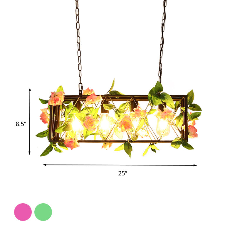Red/Green 4 Lights Island Ceiling Light Retro Metal Rectangular LED Rose/Plant Drop Lamp for Restaurant