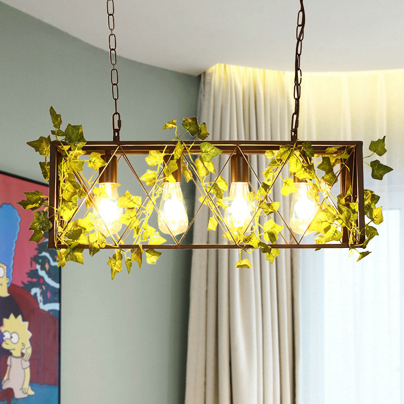 Red/Green 4 Lights Island Ceiling Light Retro Metal Rectangular LED Rose/Plant Drop Lamp for Restaurant