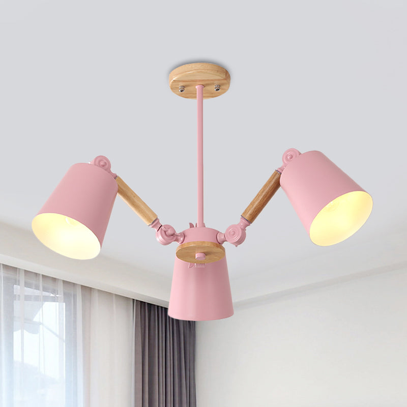 Bedroom Chandelier for Girls, Macaron Wood Ceiling Light with Bucket Shade and Adjustable Arm