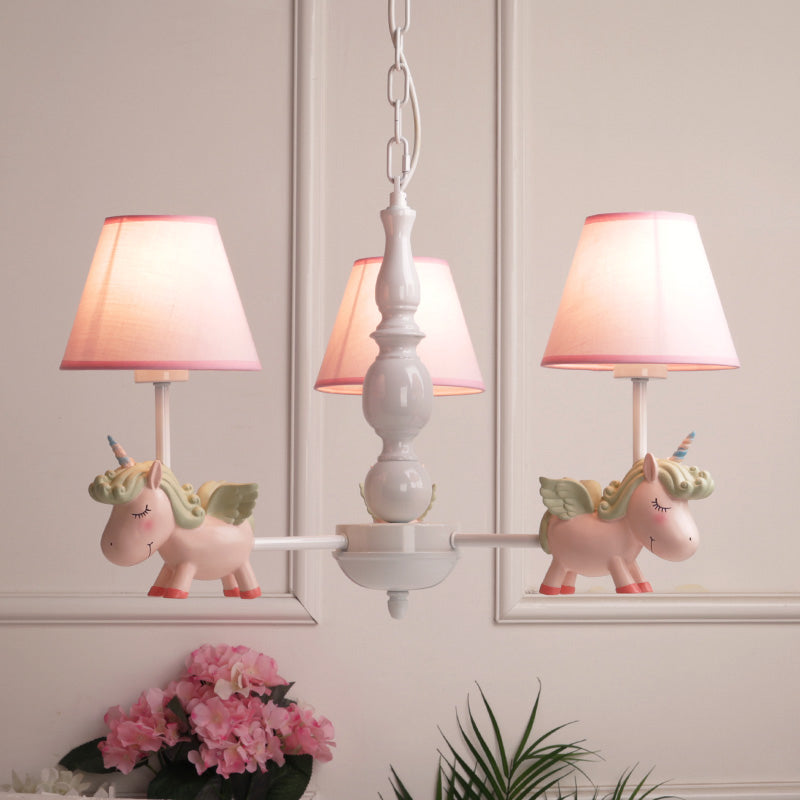 Chandelier de salle de pépinière, luminaire pendentif de dessins dessinées avec ombre en tissu de seau rose et licorne