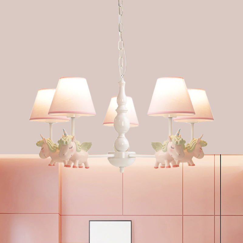 Nursery Room Chandelier, Cartoon Pendant Light Fixture with Pink Bucket Fabric Shade and Unicorn