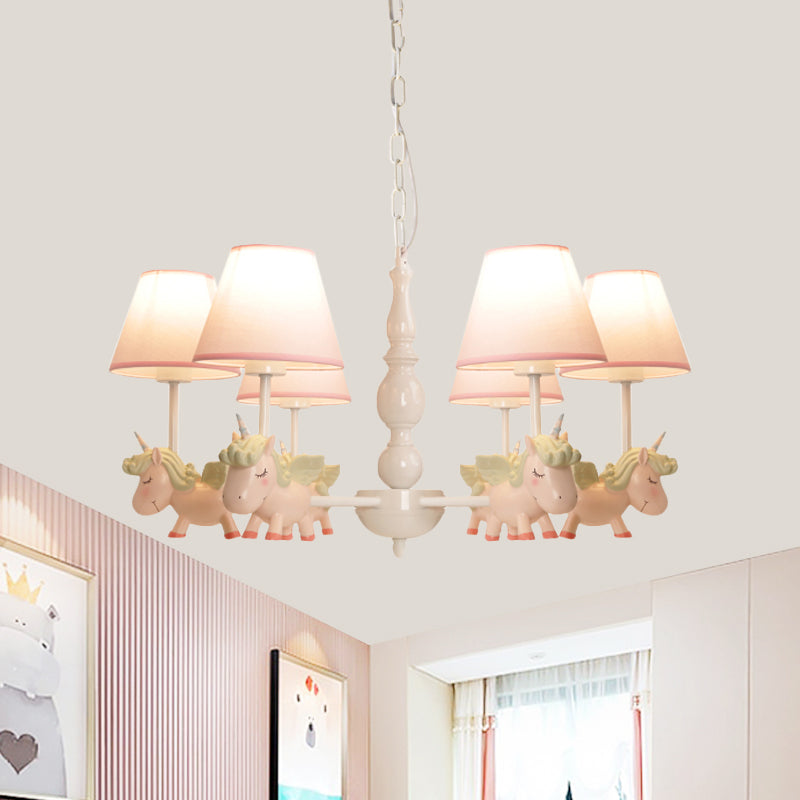 Nursery Room Chandelier, Cartoon Pendant Light Fixture with Pink Bucket Fabric Shade and Unicorn