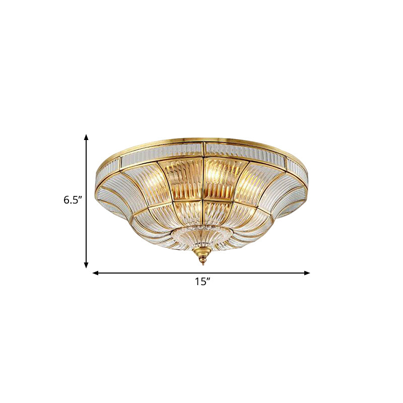 Simplistic Dome Flushmount Lighting 3/6 Heads Clear Ribbed Glass Ceiling Flush Mount in Brass for Living Room, 15"/21" Wide