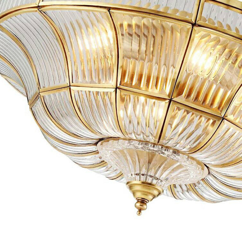 Simplistic Dome Flushmount Lighting 3/6 Heads Clear Ribbed Glass Ceiling Flush Mount in Brass for Living Room, 15"/21" Wide