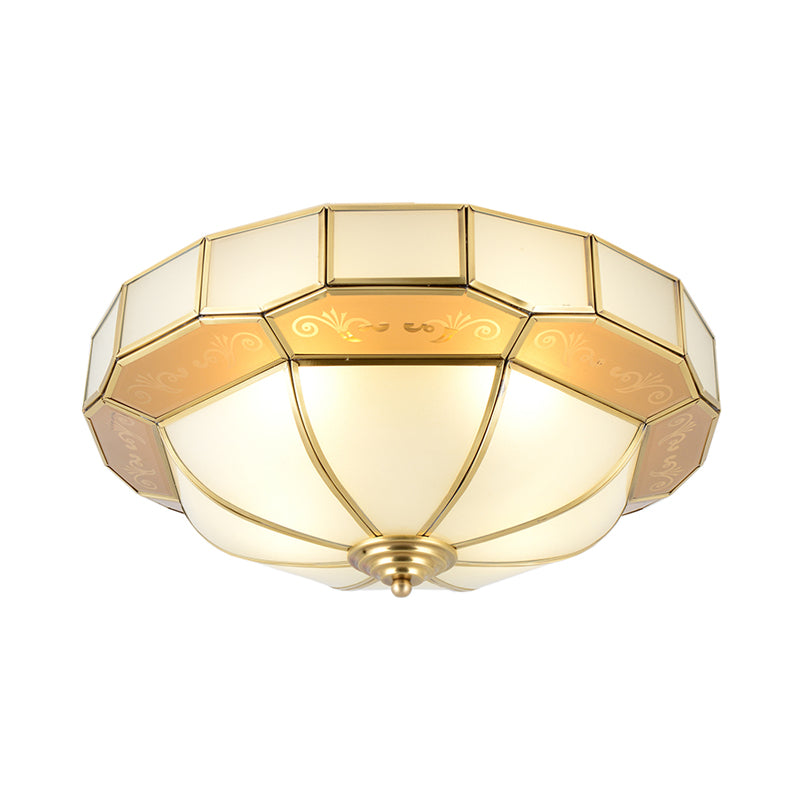 Bowl Milky Glass Ceiling Mounted Fixture Colonial 3/4 Bulbs Living Room Flush Mount Ceiling Lamp in Brass, 16"/19.5" W