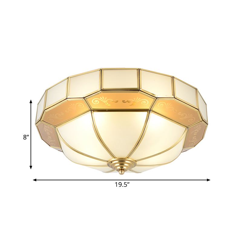Bowl Milky Glass Ceiling Mounted Fixture Colonial 3/4 Bulbs Living Room Flush Mount Ceiling Lamp in Brass, 16"/19.5" W