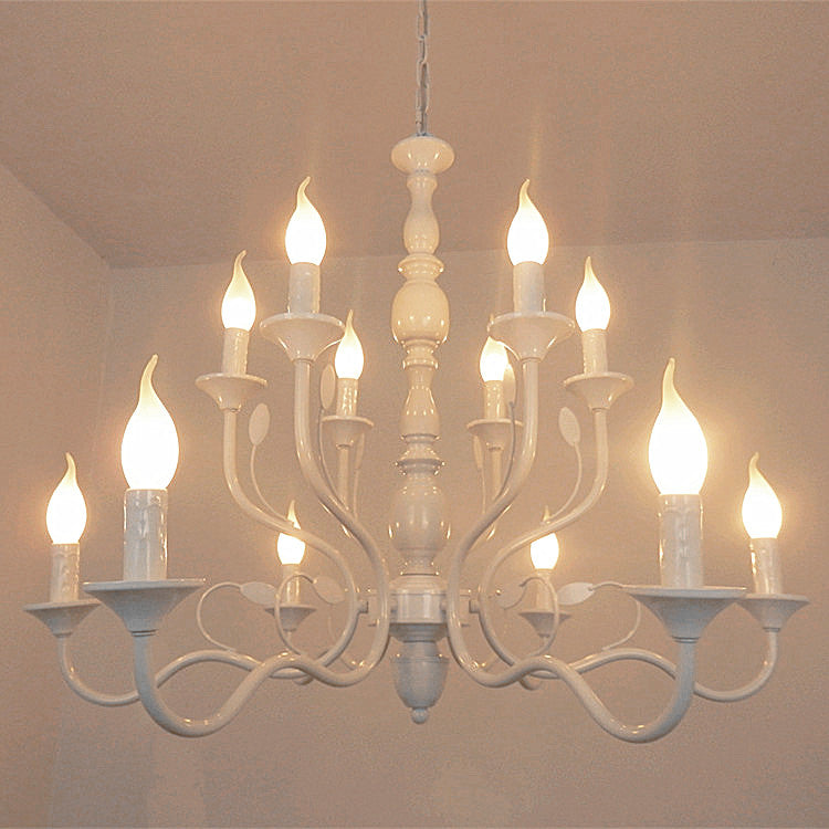 2-Tier Candle Living Room Chandelier Lighting Traditionary Metal 10/12/16 Heads White Hanging Pendant Lamp