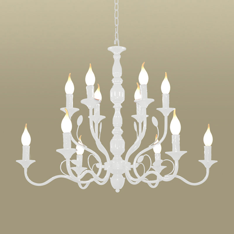 2-Tier Candle Living Room Chandelier Lighting Traditionary Metal 10/12/16 Heads White Hanging Pendant Lamp