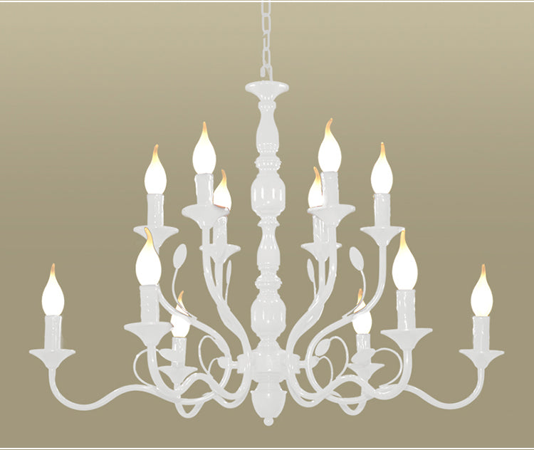2-Tier Candle Living Room Chandelier Lighting Traditionary Metal 10/12/16 Heads White Hanging Pendant Lamp