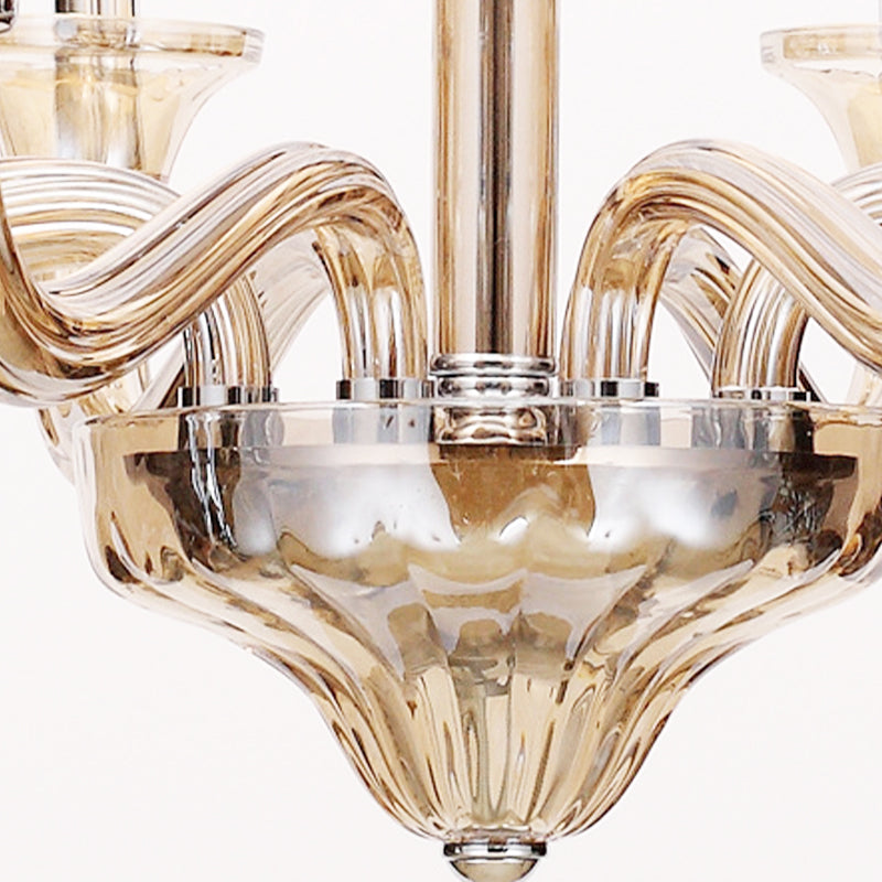 Vintage Curvy Arm Kronleuchter Beleuchtung 6 Köpfe klar/weiß/schwarzes Glas Hanging Anhängerlampe in Chrom für Wohnzimmer