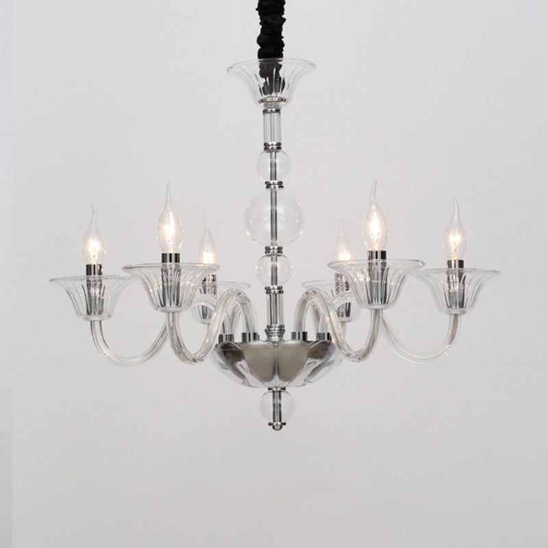 Vintage Curvy Arm Chandelier Lighting 6 Heads Clear/White/Black Glass Hanging Pendant Lamp in Chrome for Living Room