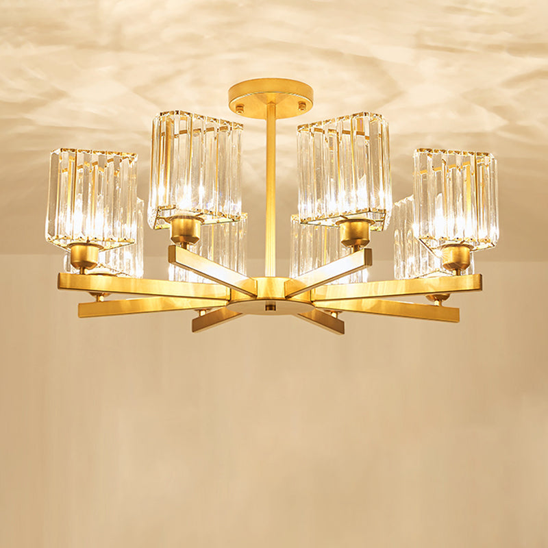 3/6/8 Lights Rectangle Semi Flush Lighting Contemporary Gold Crystal Semi-Flush Mount for Living Room
