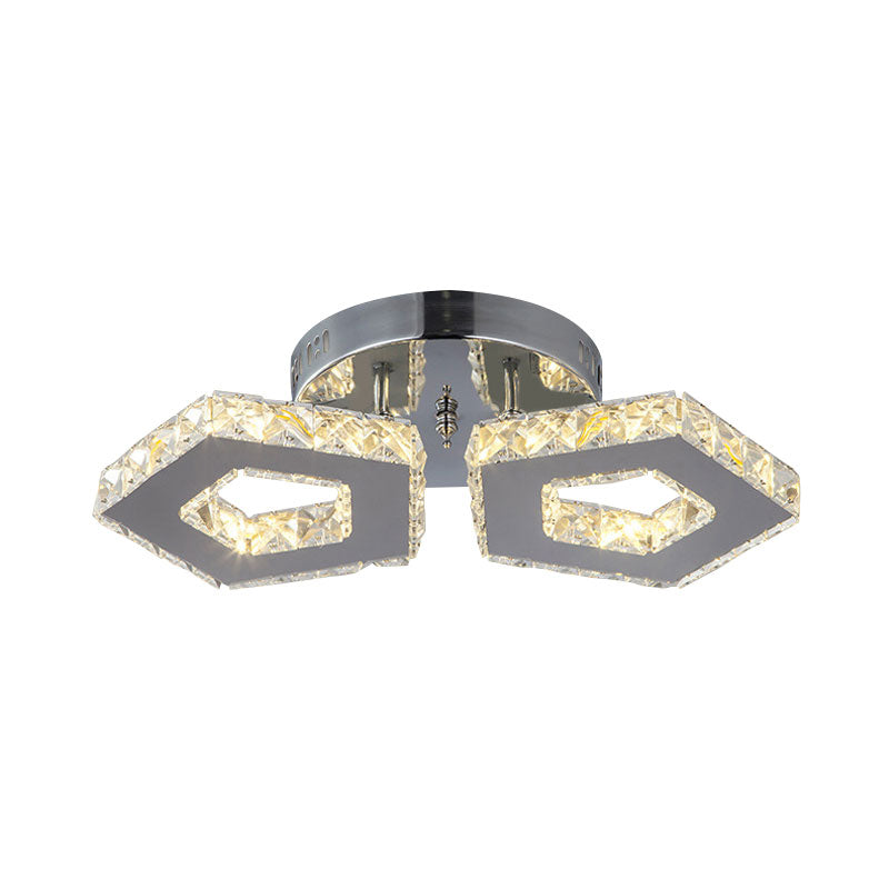 Double Pentagon Semi Flush Mount Amber Crystal Block Ceiling Light in Chrome
