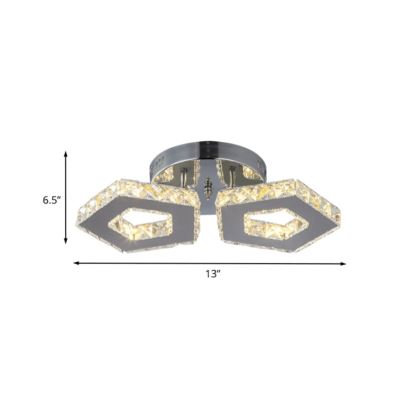 Double Pentagon Semi Flush Mount Amber Crystal Block Ceiling Light in Chrome