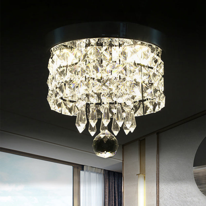 Drum Layered Flush Mount Light Crystal Glam Ceiling Light Fixture in Chrome