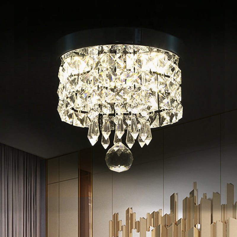 Drum Layered Flush Mount Light Crystal Glam Ceiling Light Fixture in Chrome