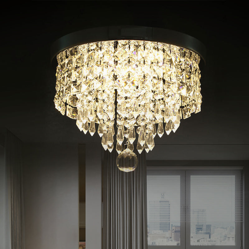 Drum Layered Flush Mount Light Crystal Glam Ceiling Light Fixture in Chrome
