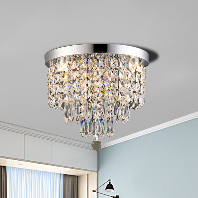 Drum Layered Flush Mount Light Crystal Glam Ceiling Light Fixture in Chrome