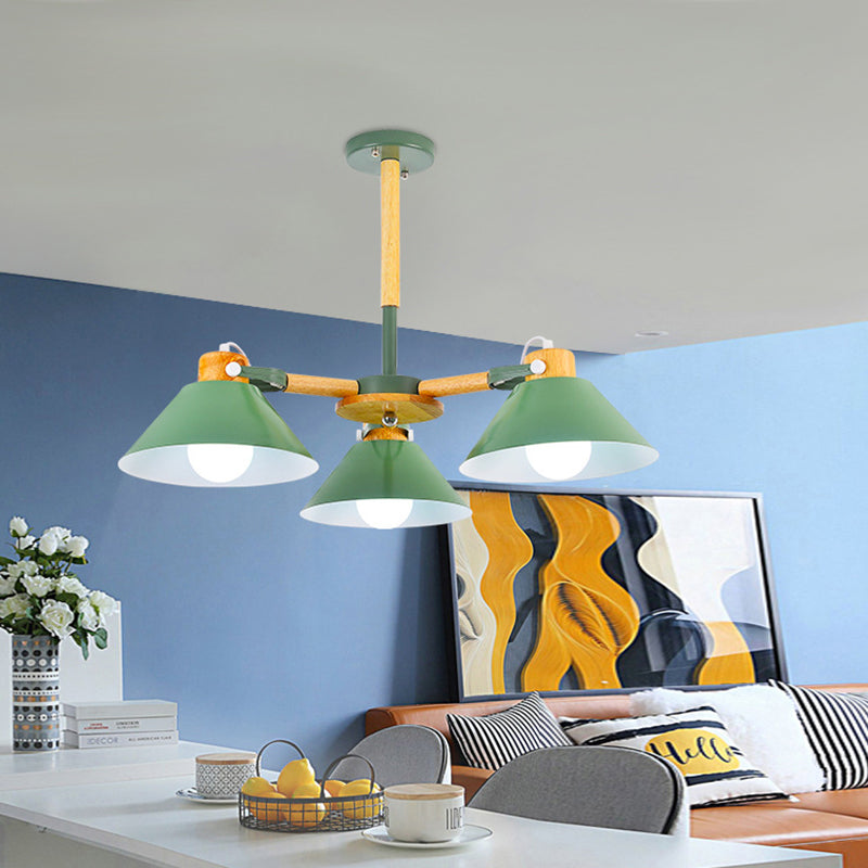 Metalen houten kegel hangende hanglampen 3 lichten chique moderne hangende lamp voor hal
