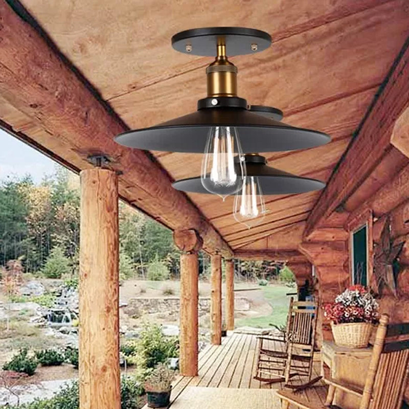 Iron Saucer Ceiling Mount Lamp Farmhouse 1 Bulb Porch Semi Flush Mount Light Fixture in Black, 8.5"/10"/12" W