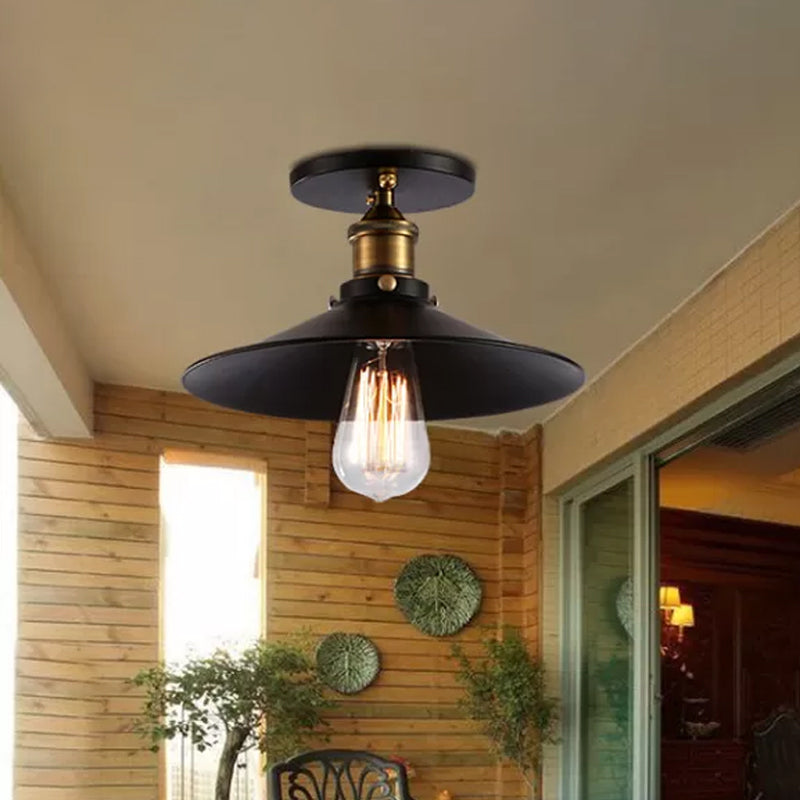 Iron Saucer Ceiling Mount Lamp Farmhouse 1 Bulb Porch Semi Flush Mount Light Fixture in Black, 8.5"/10"/12" W