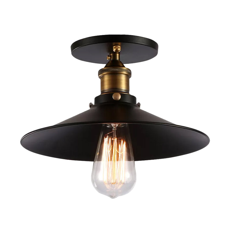 Iron Saucer Ceiling Mount Lamp Farmhouse 1 Bulb Porch Semi Flush Mount Light Fixture in Black, 8.5"/10"/12" W