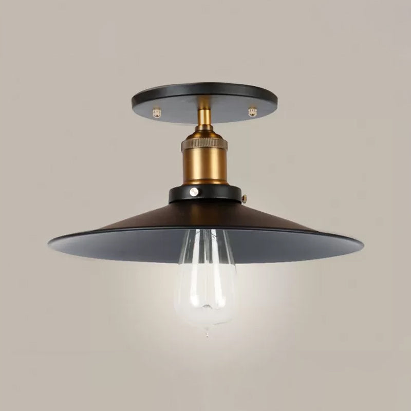Iron Saucer Ceiling Mount Lamp Farmhouse 1 Bulb Porch Semi Flush Mount Light Fixture in Black, 8.5"/10"/12" W