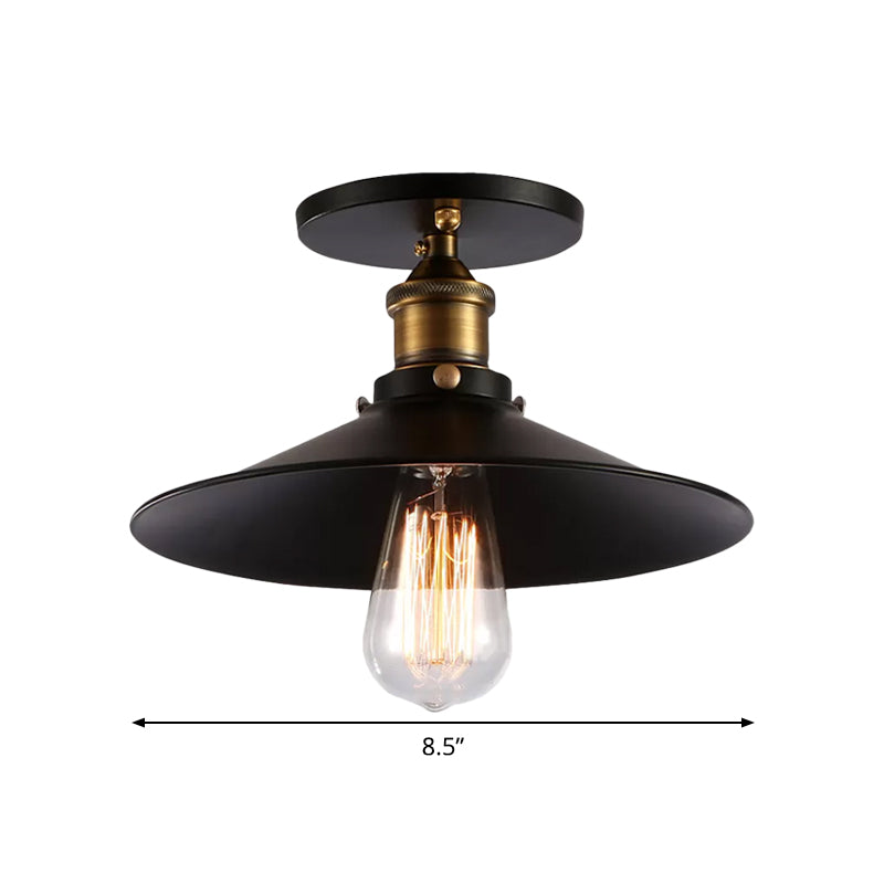 Iron Saucer Ceiling Mount Lamp Farmhouse 1 Bulb Porch Semi Flush Mount Light Fixture in Black, 8.5"/10"/12" W