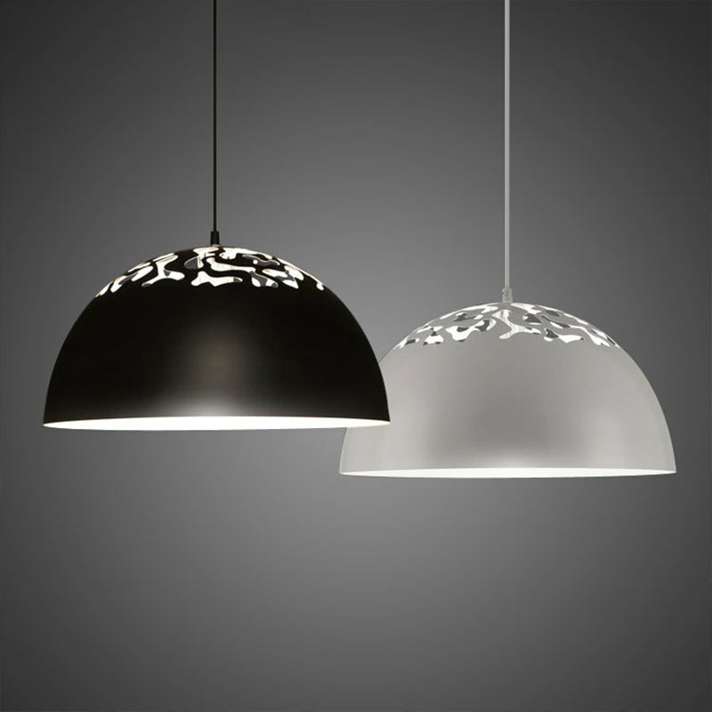 Nordic Dome Ceiling Hang Light 14"/16" Wide 1-Light Iron Pendant Lamp with Hollowed out Top in Black/White