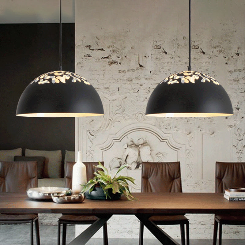 Nordic Dome Ceiling Hang Light 14"/16" Wide 1-Light Iron Pendant Lamp with Hollowed out Top in Black/White