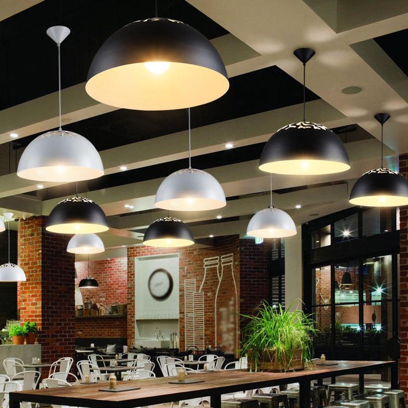 Nordic Dome Ceiling Hang Light 14"/16" Wide 1-Light Iron Pendant Lamp with Hollowed out Top in Black/White