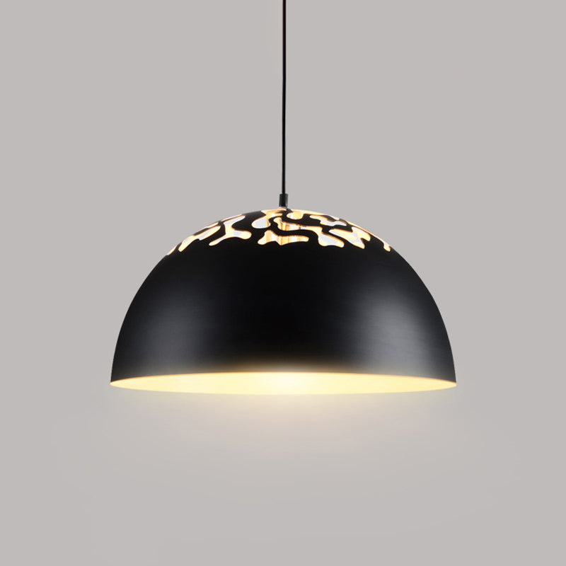 Nordic Dome Ceiling Hang Light 14"/16" Wide 1-Light Iron Pendant Lamp with Hollowed out Top in Black/White