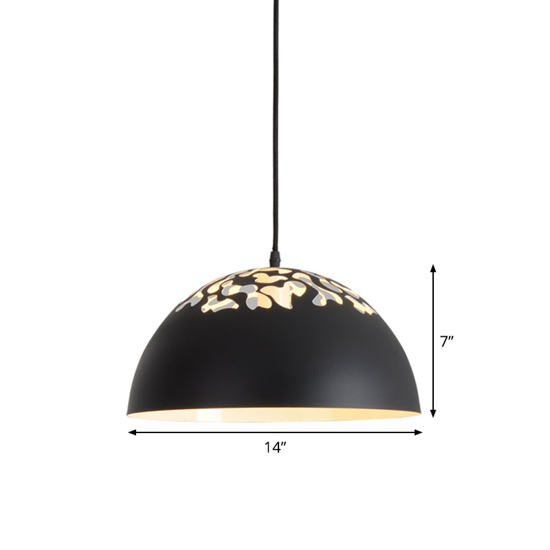 Nordic Dome Ceiling Hang Light 14"/16" Wide 1-Light Iron Pendant Lamp with Hollowed out Top in Black/White