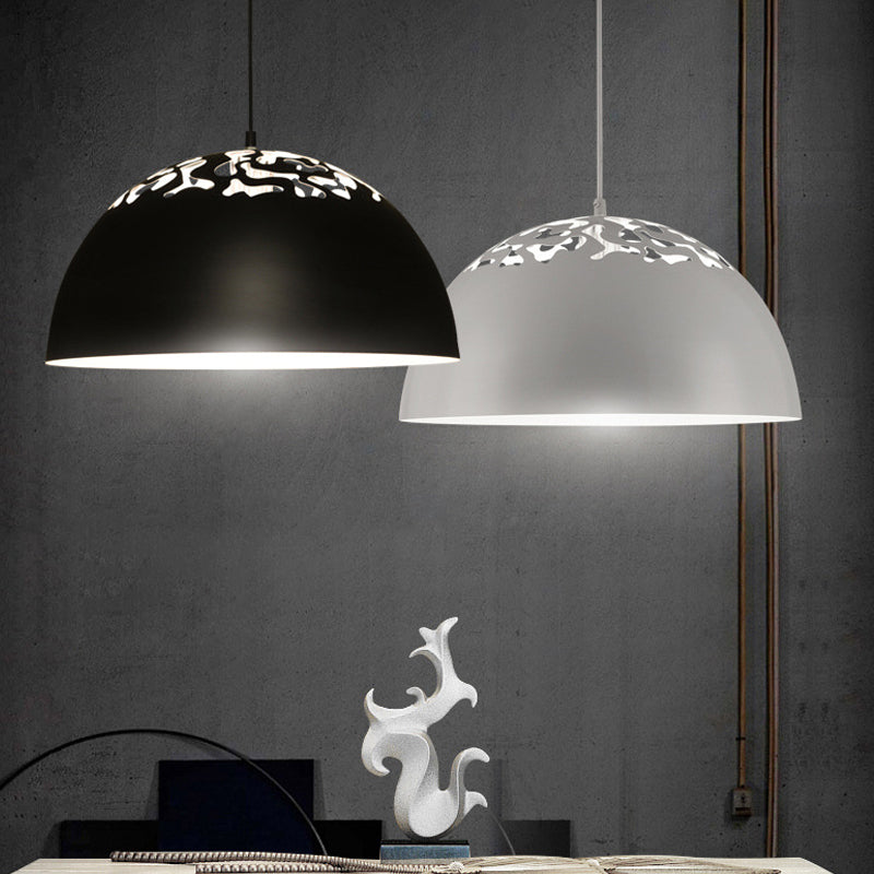 Nordic Dome Ceiling Hang Light 14"/16" Wide 1-Light Iron Pendant Lamp with Hollowed out Top in Black/White
