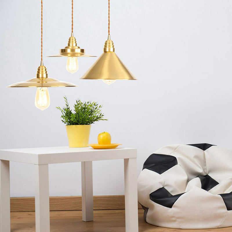 Iron Gold Finish Pendant Lamp Flat/Bowl/Cone Shade Single-Bulb Antiqued Suspension Lighting Fixture