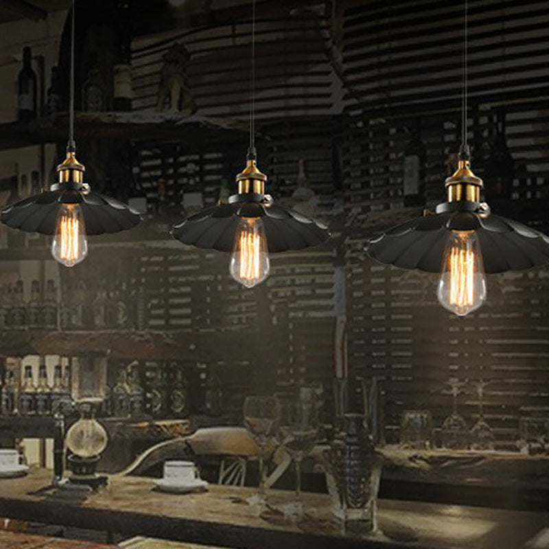 Floral Shade Beer Bar Drop Pendant Industrial Metallic 1 Head Black Ceiling Suspension Lamp, 10" Width