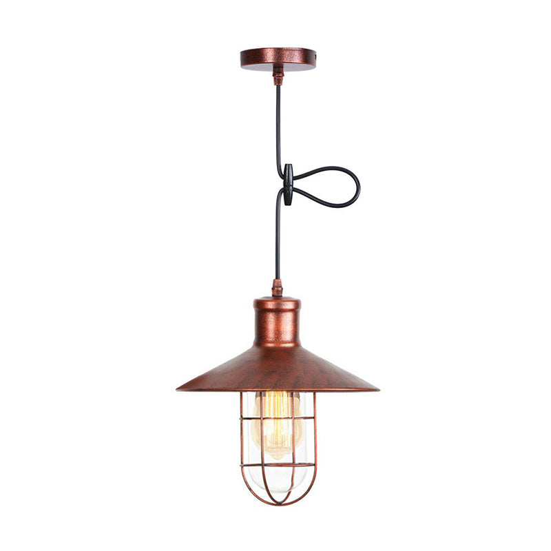 Cone Shade/Caged Dining Room Pendant Light Rural Metallic 1-Light Black/Rust Ceiling Suspension Lamp