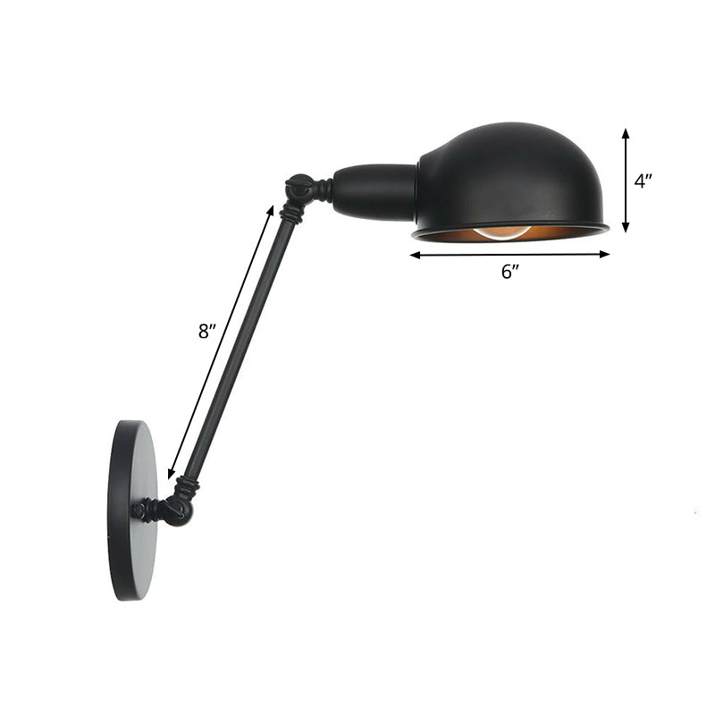 Industrial Dome Shade Wall Lamp Kit Single-Bulb Iron Wall Mount Light Fixture with Swing Arm in Black, 6"+6"/12"+6" W