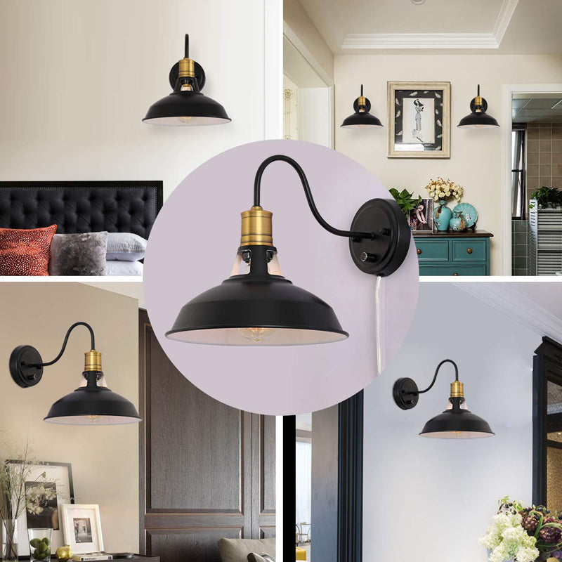Single Metal Wall Lamp Fixture Farmhouse Black Barn Kitchen Plug-in Wall Mounted Light with Vented Socket
