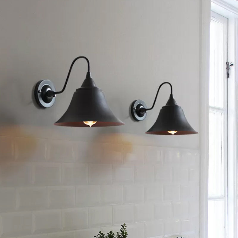 Single-Bulb Bell Shade Wall Lamp Farmhouse Black Iron Gooseneck Wall Mounted Light Fixture