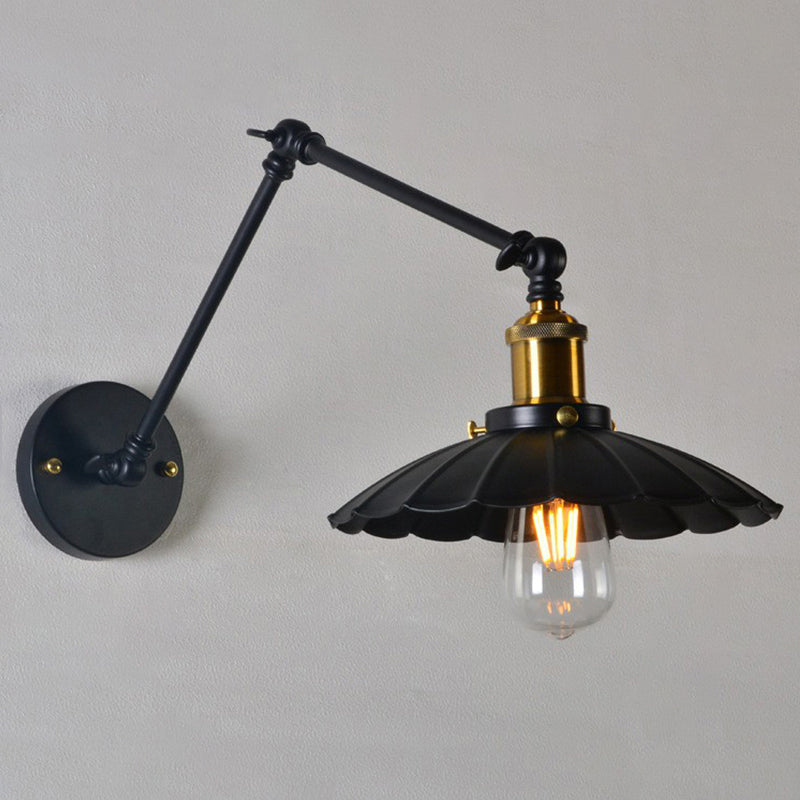 Loft Style Scalloped Wall Lamp 1 Head Iron Wall Mounted Light with Adjustable Arm in Black, 8"+8"/12"+12" W