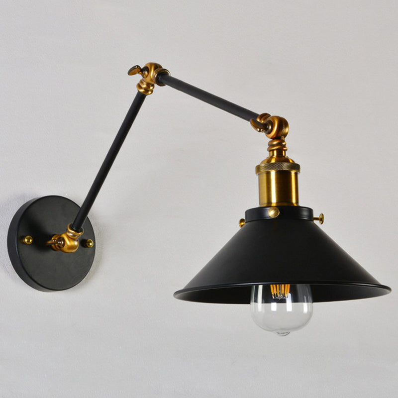 8"+8"/12"+12" W 1 Bulb Cone Wall Light Warehouse Black/White and Brass Iron Swing Arm Task Wall Lamp for Bedroom