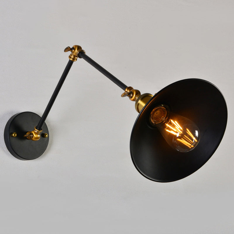 8"+8"/12"+12" W 1 Bulb Cone Wall Light Warehouse Black/White and Brass Iron Swing Arm Task Wall Lamp for Bedroom