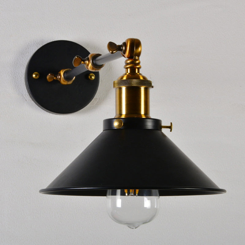 8"+8"/12"+12" W 1 Bulb Cone Wall Light Warehouse Black/White and Brass Iron Swing Arm Task Wall Lamp for Bedroom