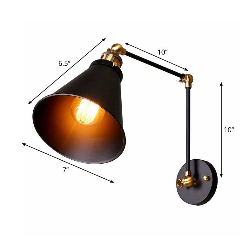 1-Light Wall Lighting Fixture Farmhouse Bistro Adjustable Wall Lamp with Conic Iron Shade in Black