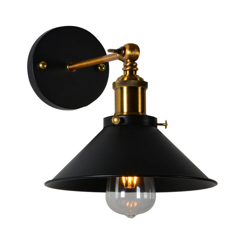 Rolled-Edge Cone Kitchen Wall Lamp Countryside Metal 1 Bulb Black/White-Brass Wall Mount Lighting with Adjustable Joint