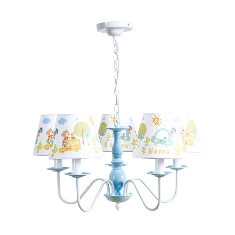 Undertint Tapered Shade Chandelier with Cartoon Pattern 5 Lights Metal Hanging Light for Kindergarten