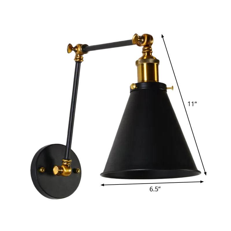 Black-Brass Conical Wall Lamp Fixture Retro Iron 1 Bulb Studio Task Wall Light with Swing Arm