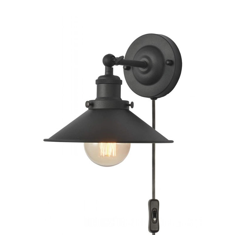 Black 1 Bulb Rotatable Wall Light Vintage Iron Cone Shade Plug-in/Plug-less Wall Mounted Lamp for Bedroom